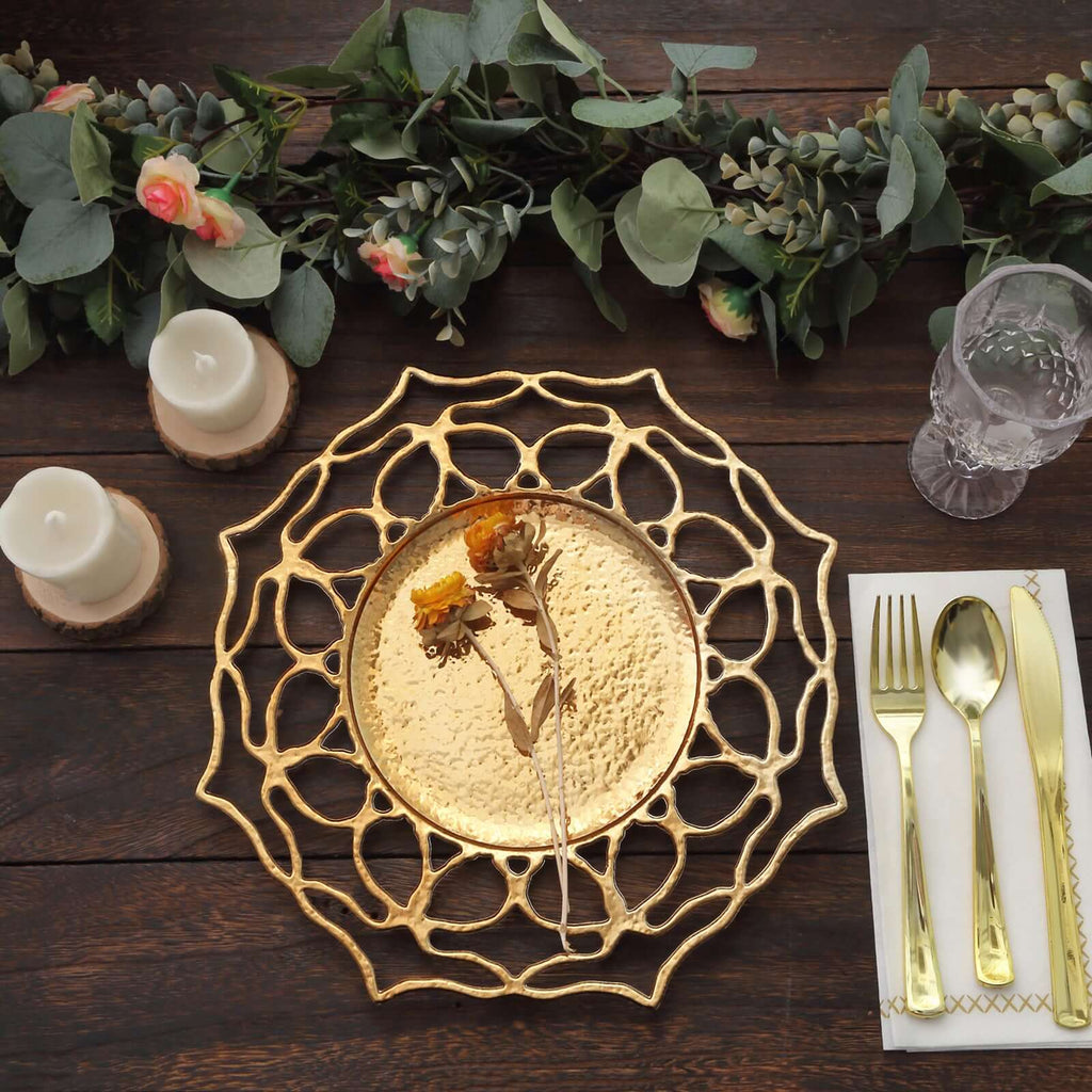 6-Pack Acrylic Charger Plates 13" Round Gold Floral Cutout Design - Hollow Flower Plastic Decorative Dinner Party Charger Tableware